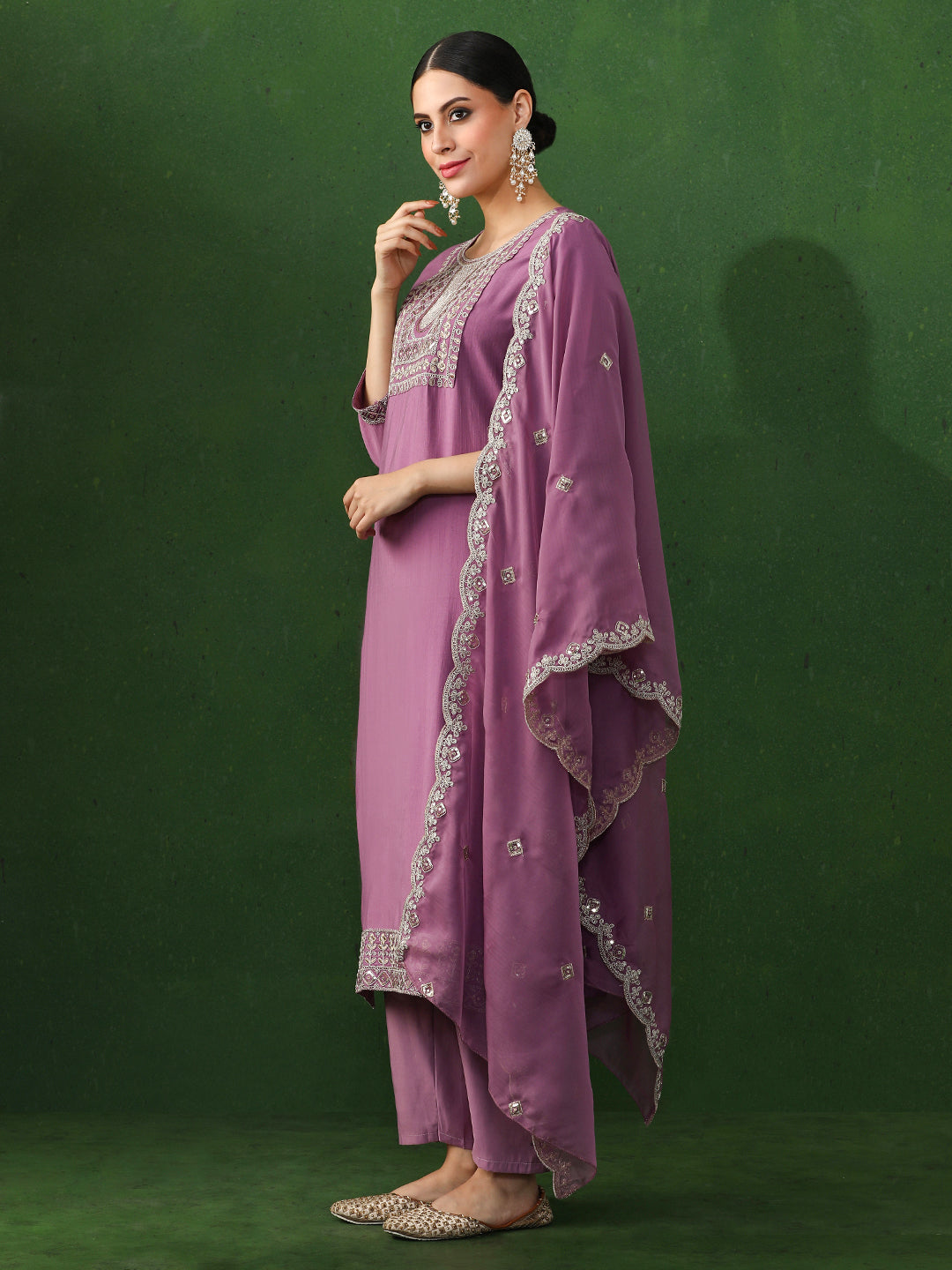 Solid Embroidered Straight Chinon Kurta & Trousers Sets