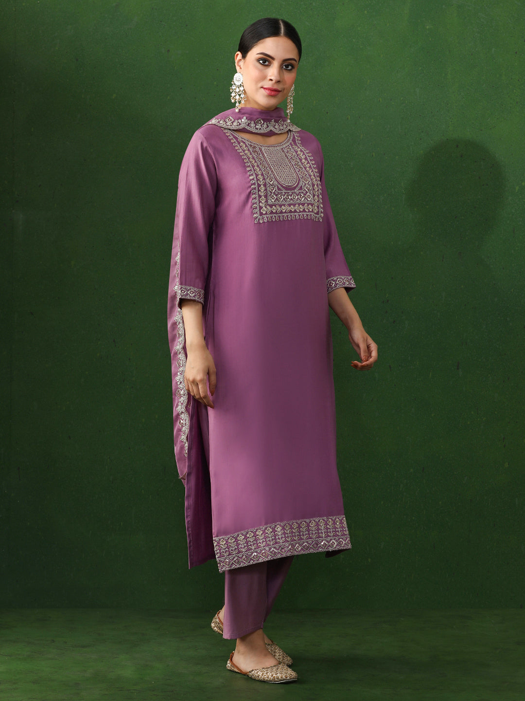 Solid Embroidered Straight Chinon Kurta & Trousers Sets
