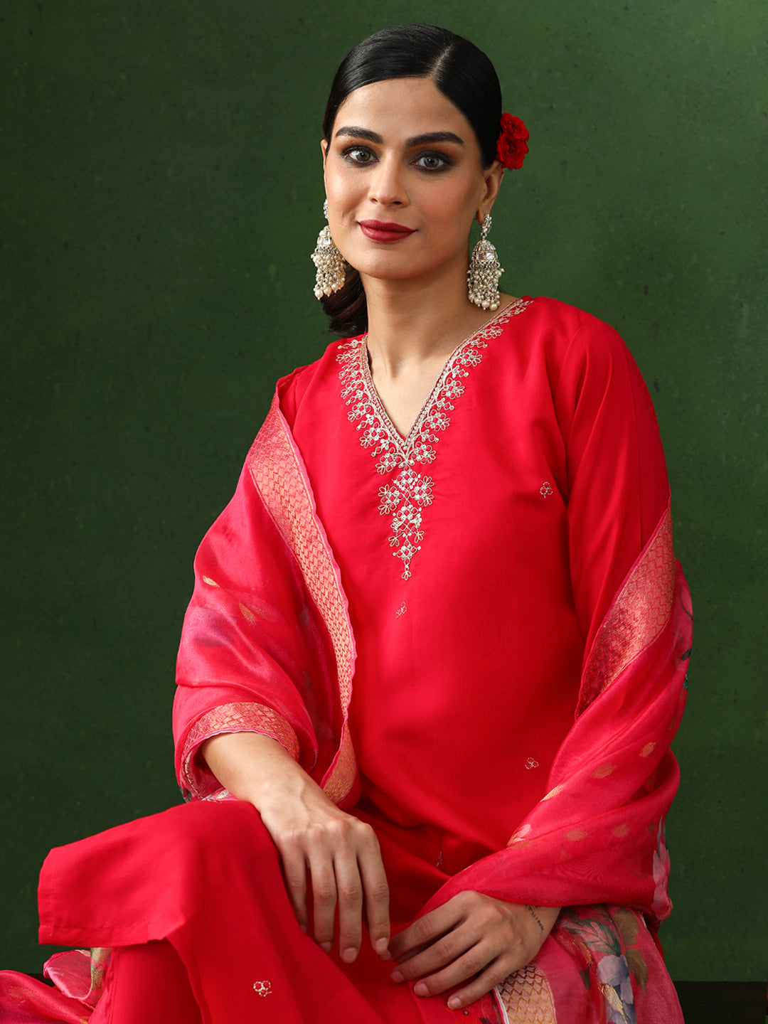 Solid Embroidered Straight Chanderi Silk Kurta & Trousers Sets