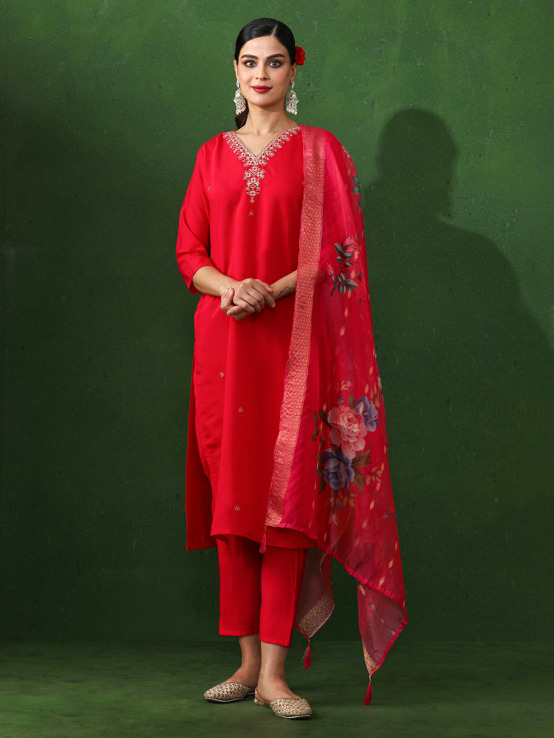 Solid Embroidered Straight Chanderi Silk Kurta & Trousers Sets