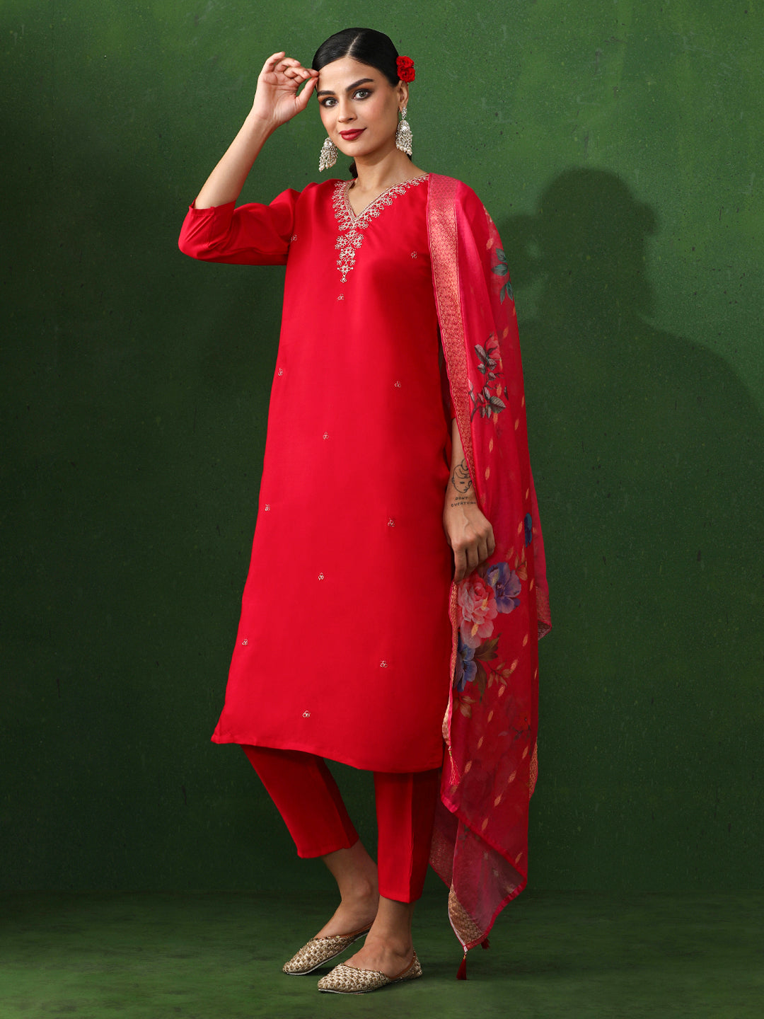 Solid Embroidered Straight Chanderi Silk Kurta & Trousers Sets