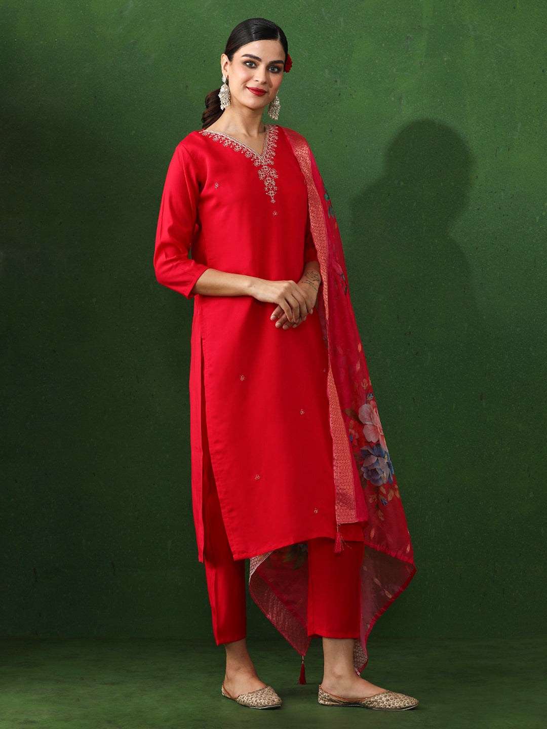 Solid Embroidered Straight Chanderi Silk Kurta & Trousers Sets