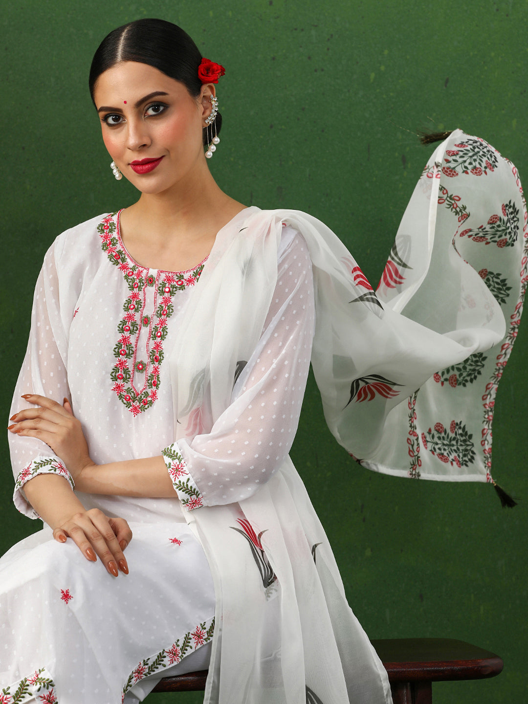Solid Embroidered Straight Georgette Kurta & Trousers Sets