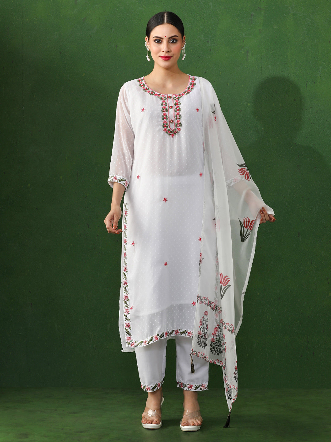 Solid Embroidered Straight Georgette Kurta & Trousers Sets