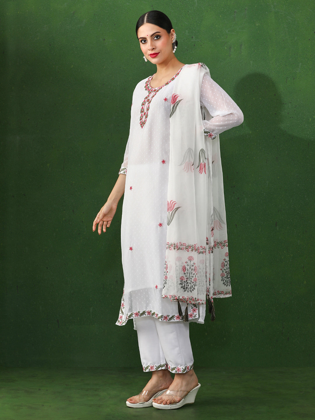 Solid Embroidered Straight Georgette Kurta & Trousers Sets