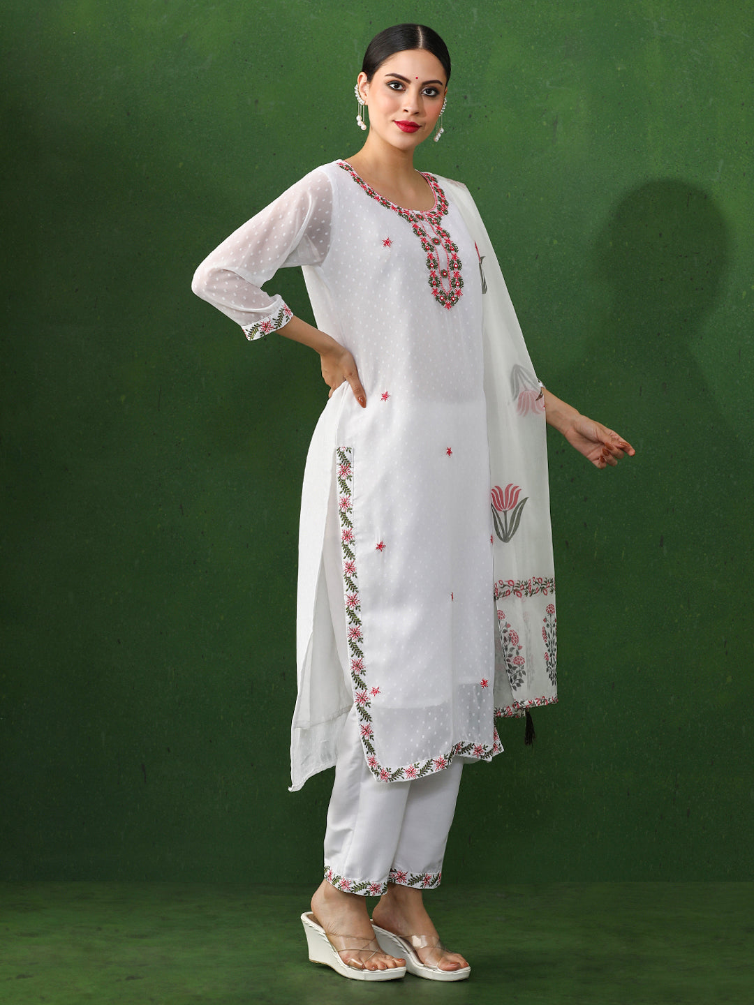 Solid Embroidered Straight Georgette Kurta & Trousers Sets