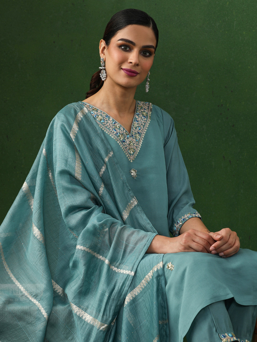 Floral Embroidered Straight Chanderi Silk Kurta & Trousers Sets