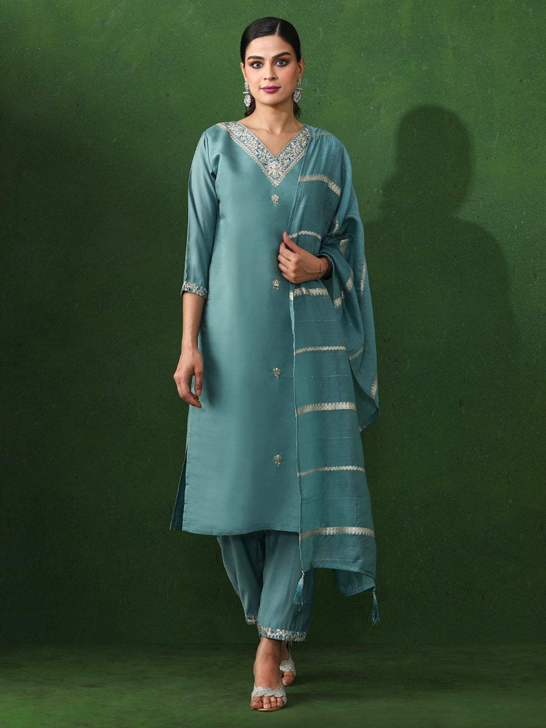 Floral Embroidered Straight Chanderi Silk Kurta & Trousers Sets