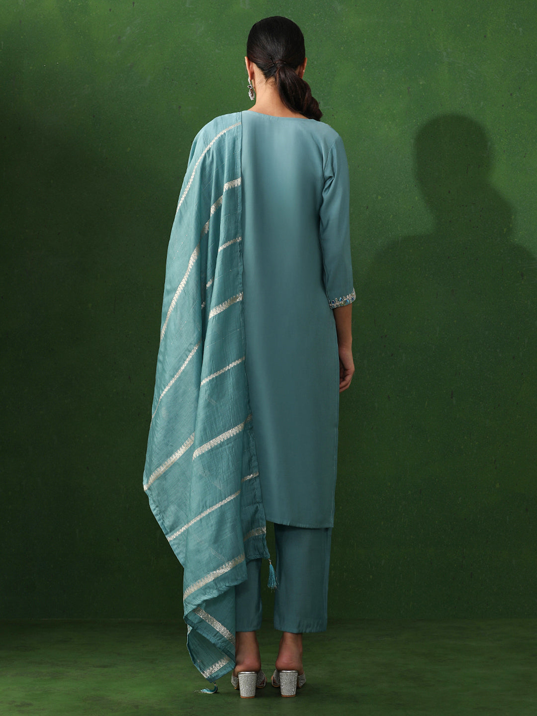 Floral Embroidered Straight Chanderi Silk Kurta & Trousers Sets