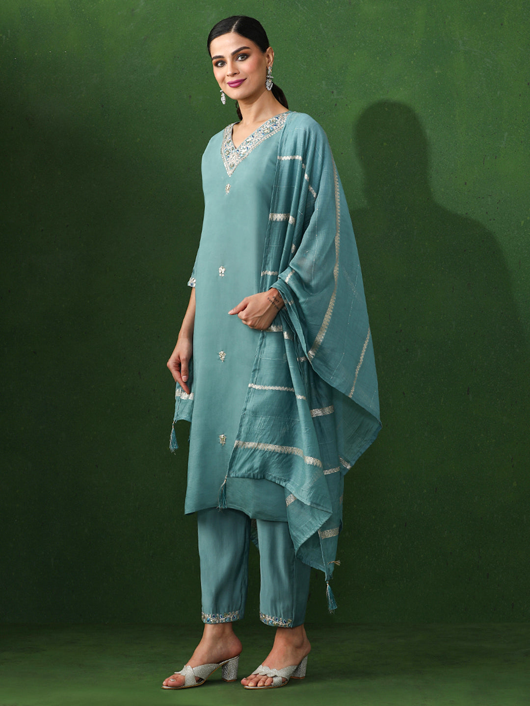 Floral Embroidered Straight Chanderi Silk Kurta & Trousers Sets