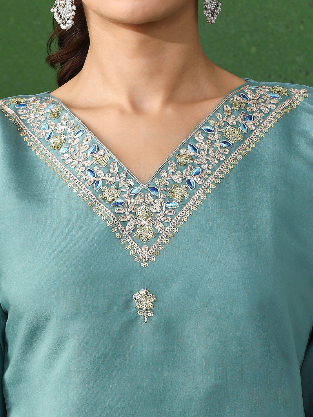 Floral Embroidered Straight Chanderi Silk Kurta & Trousers Sets