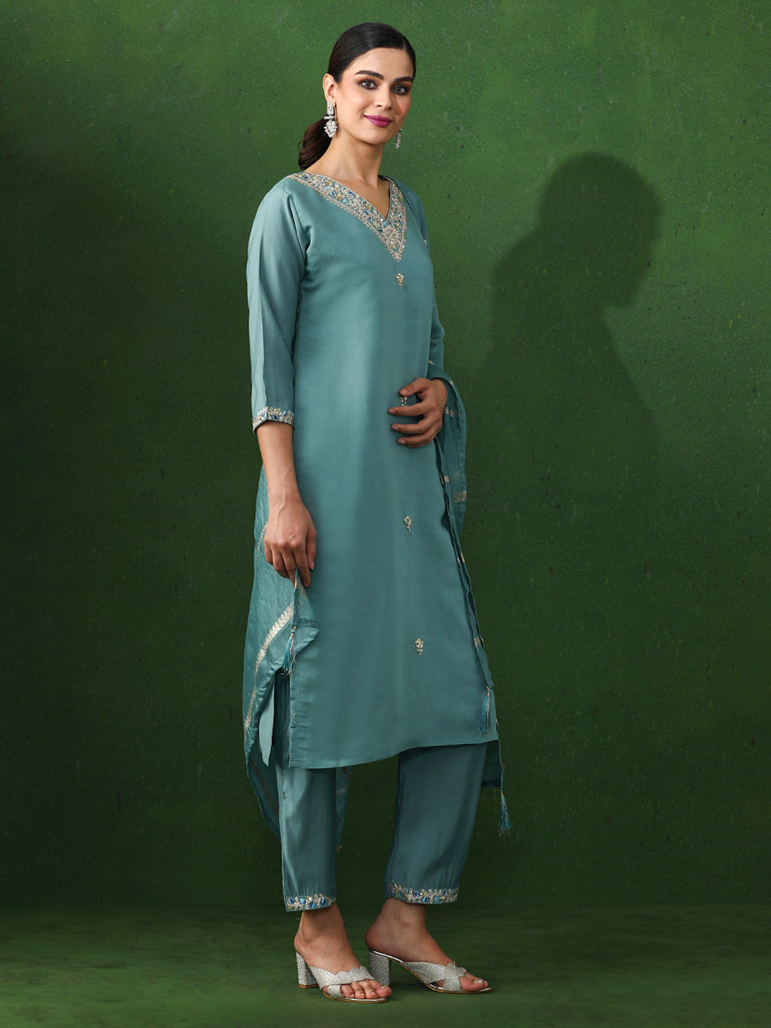 Floral Embroidered Straight Chanderi Silk Kurta & Trousers Sets