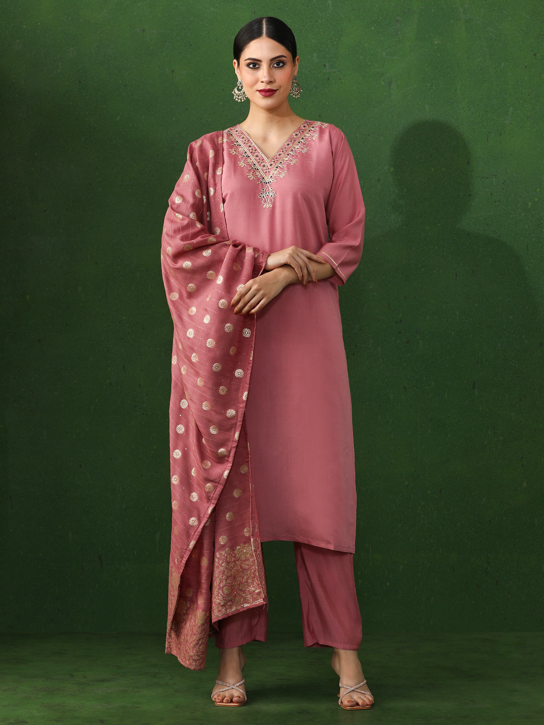 Solid Embroidered Straight Chanderi Silk Kurta & Trousers Sets