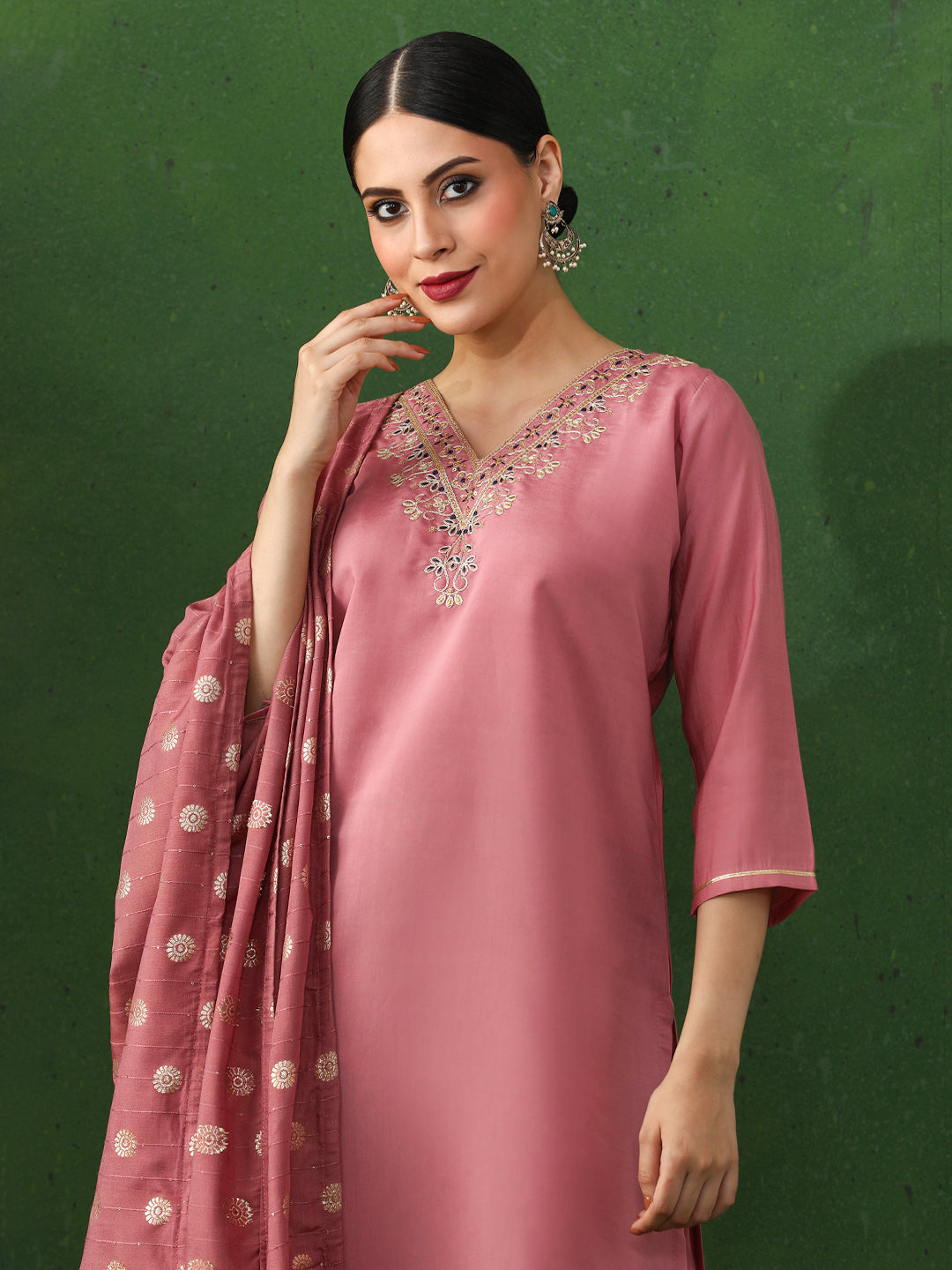 Solid Embroidered Straight Chanderi Silk Kurta & Trousers Sets