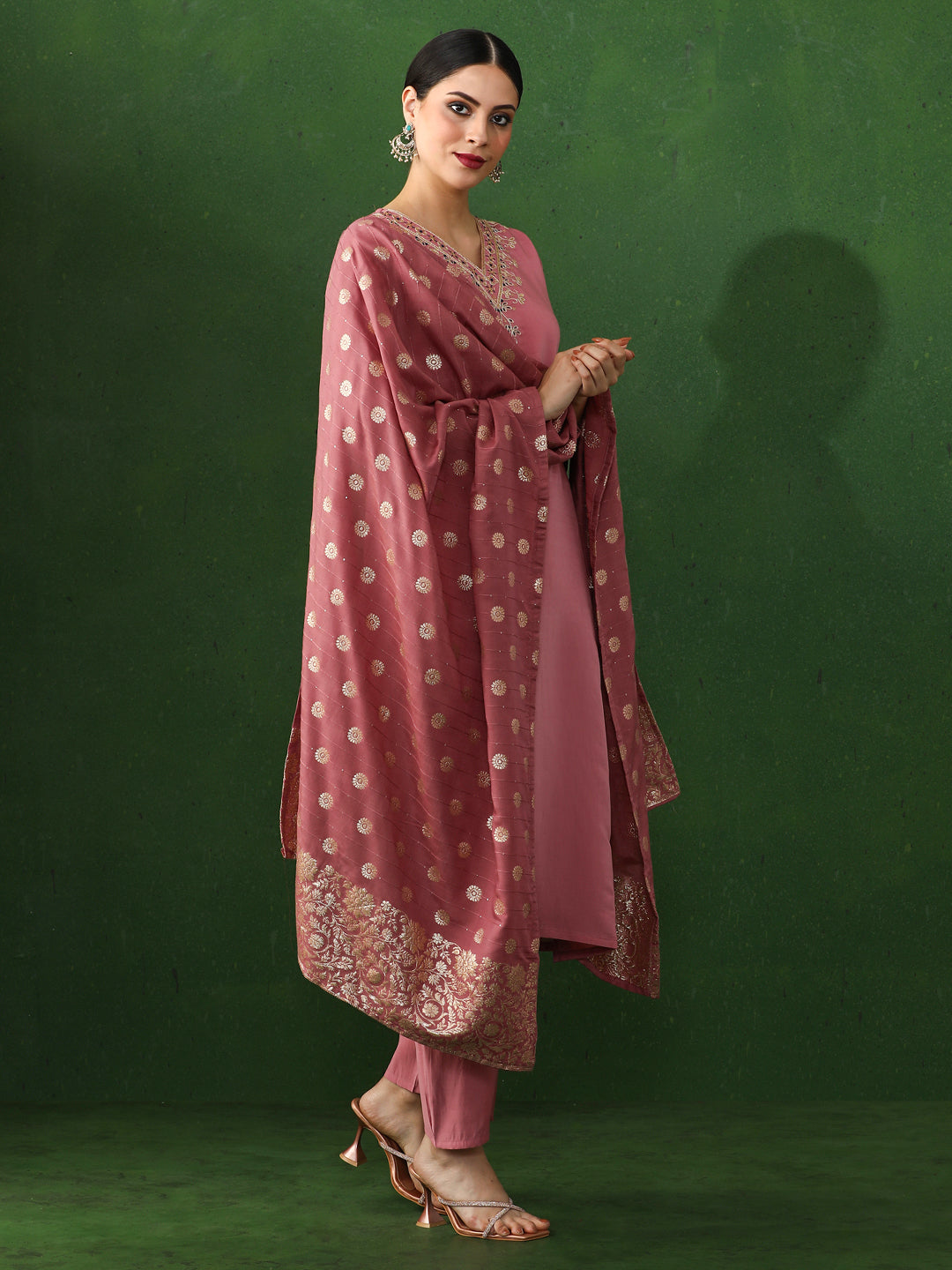 Solid Embroidered Straight Chanderi Silk Kurta & Trousers Sets