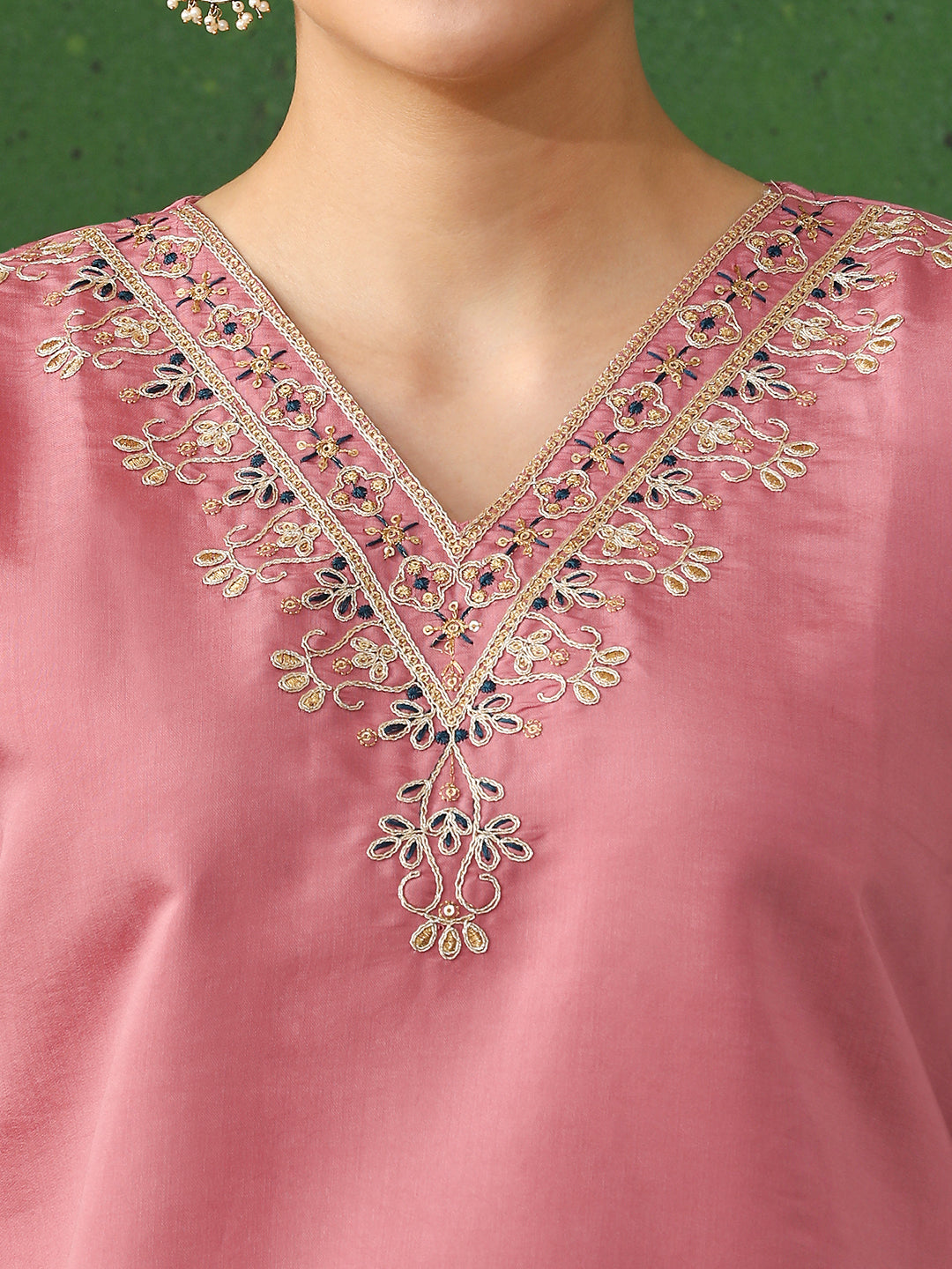 Solid Embroidered Straight Chanderi Silk Kurta & Trousers Sets