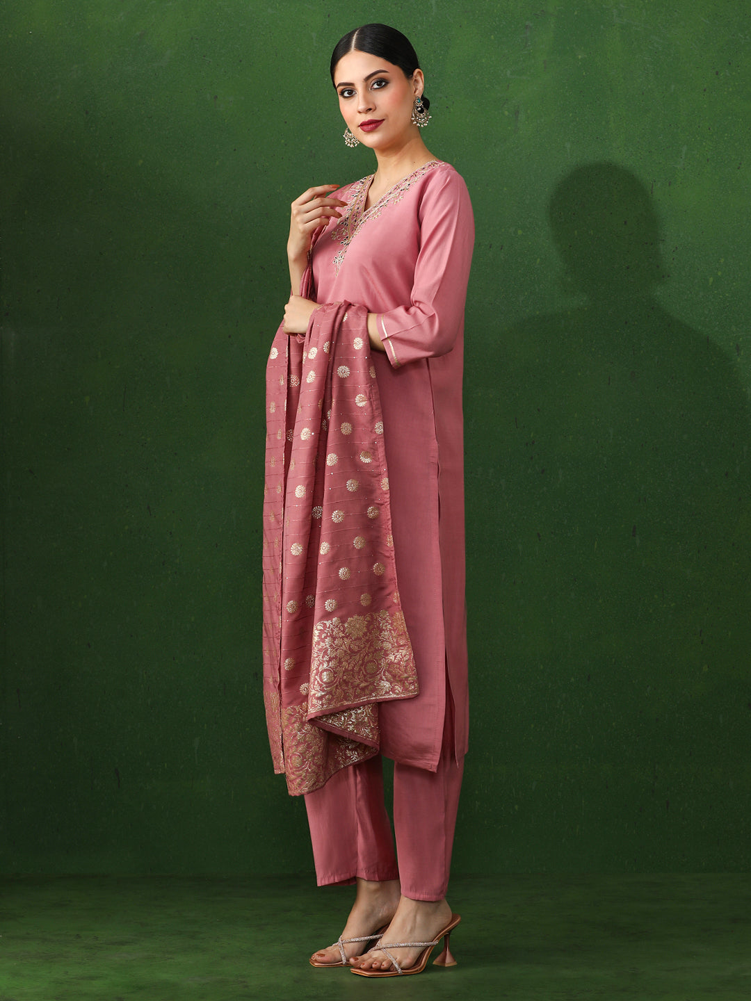 Solid Embroidered Straight Chanderi Silk Kurta & Trousers Sets