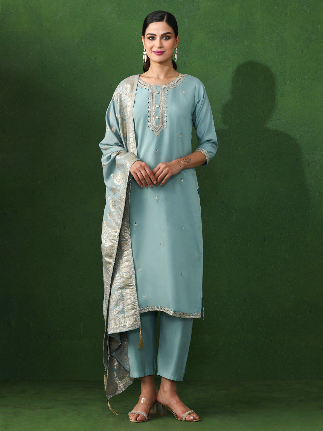 Floral Embroidered Straight Chanderi Silk Kurta & Trousers Sets