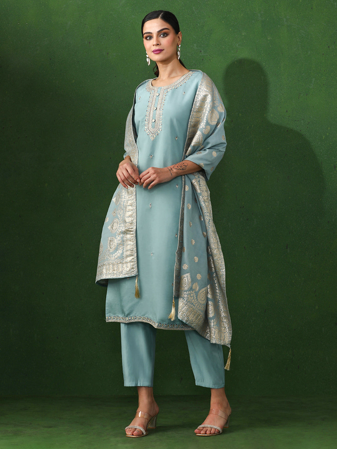 Floral Embroidered Straight Chanderi Silk Kurta & Trousers Sets