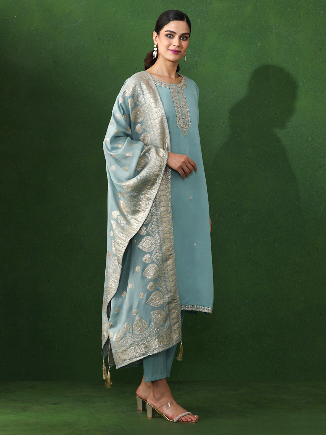 Floral Embroidered Straight Chanderi Silk Kurta & Trousers Sets