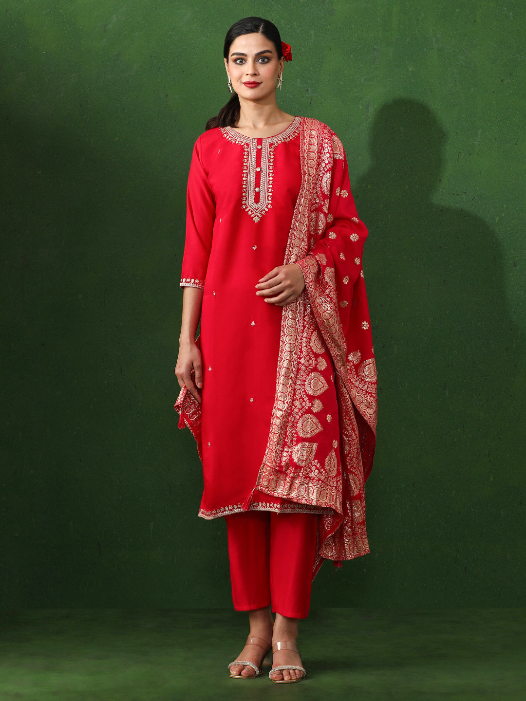 Floral Embroidered Straight Chanderi Silk Kurta & Trousers Sets