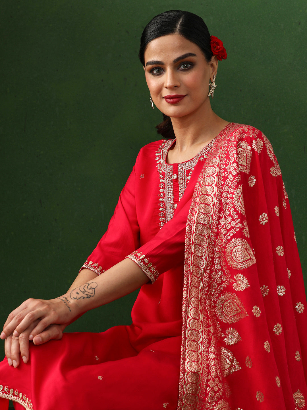 Floral Embroidered Straight Chanderi Silk Kurta & Trousers Sets