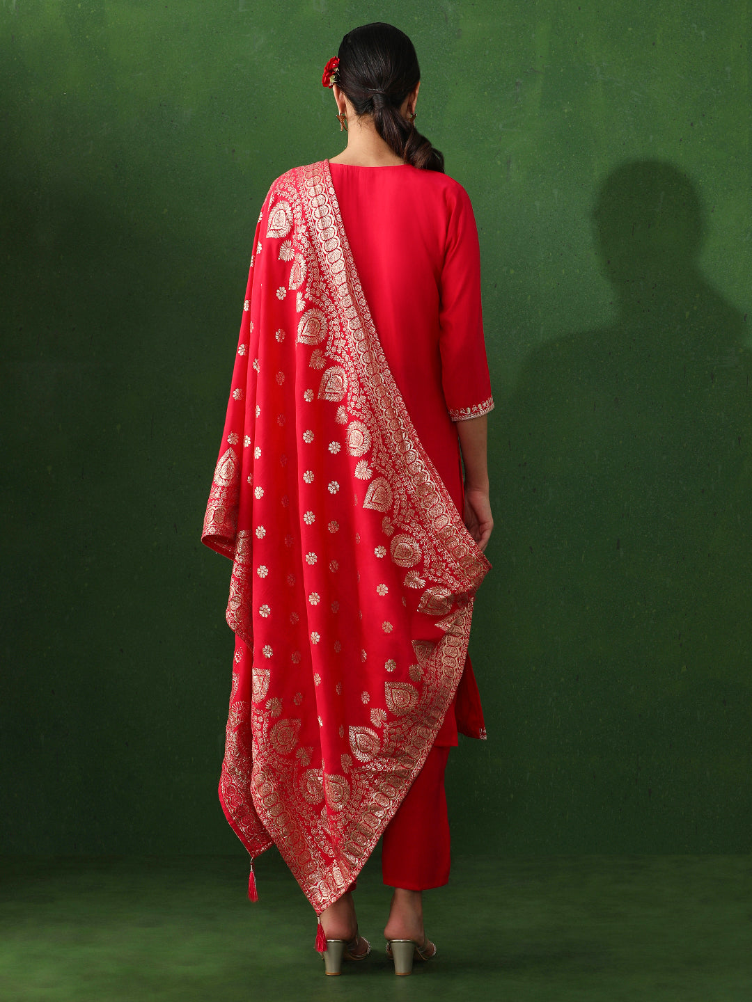 Floral Embroidered Straight Chanderi Silk Kurta & Trousers Sets