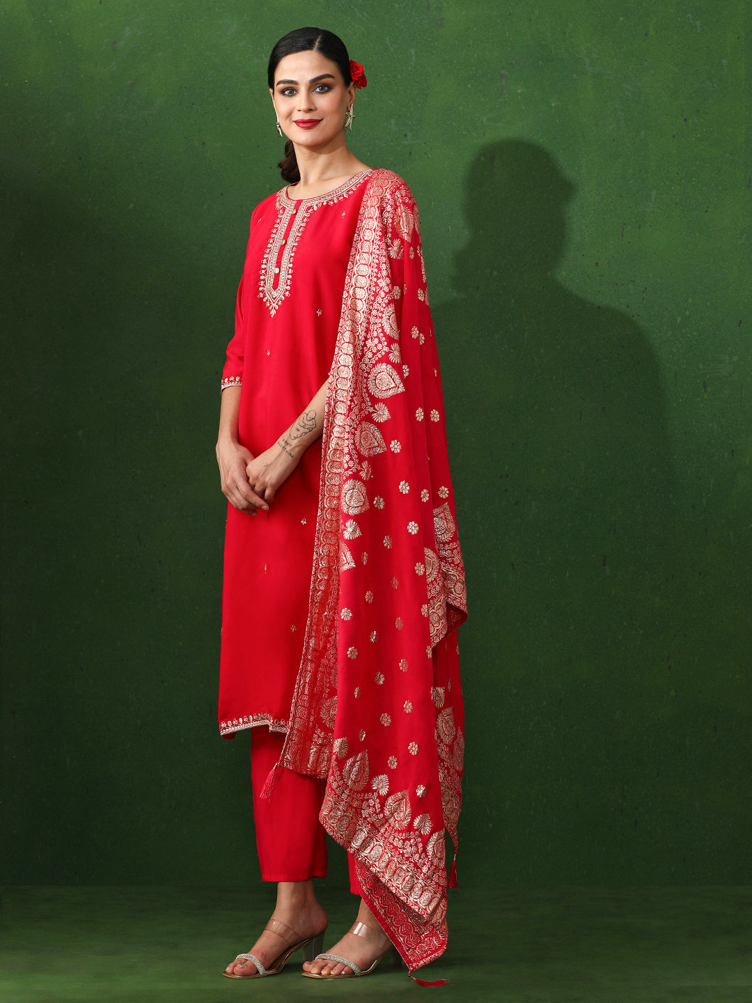 Floral Embroidered Straight Chanderi Silk Kurta & Trousers Sets