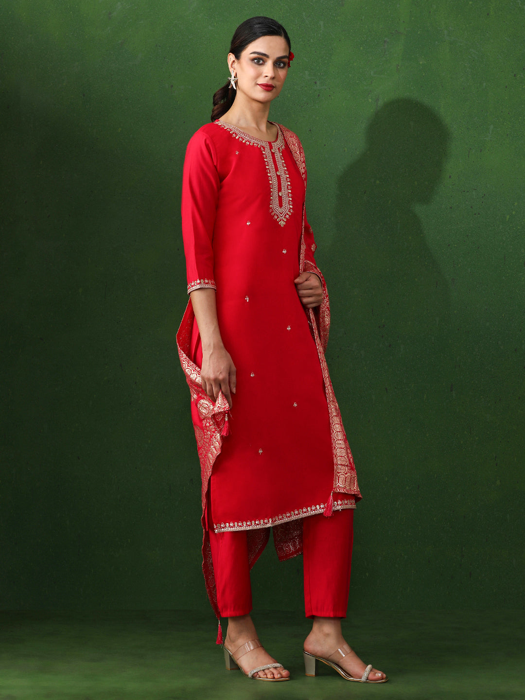 Floral Embroidered Straight Chanderi Silk Kurta & Trousers Sets