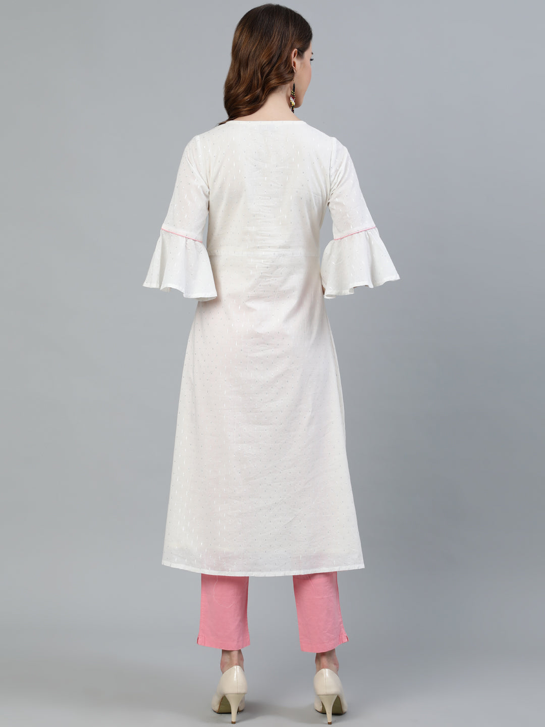 White And Pink Solid A-Line Cotton Kurta