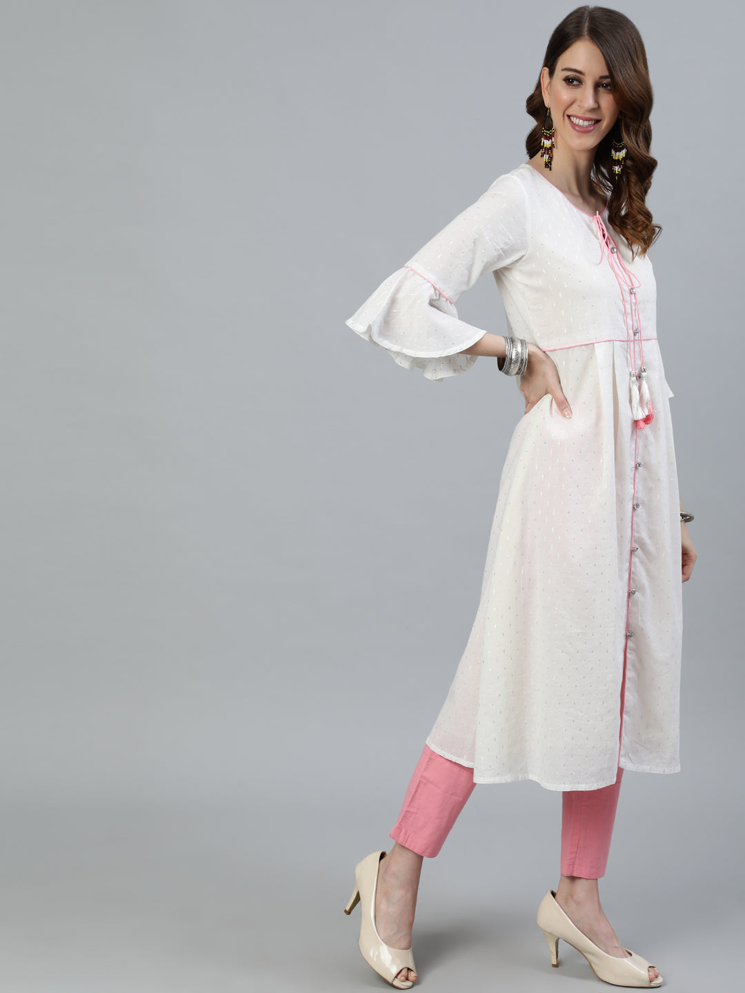 White And Pink Solid A-Line Cotton Kurta