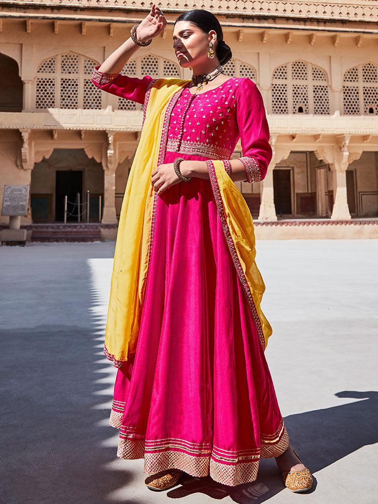 Pink Zari Work Floor Length Anarkali Kurta With Yellow Organza Embellished Dupatta
