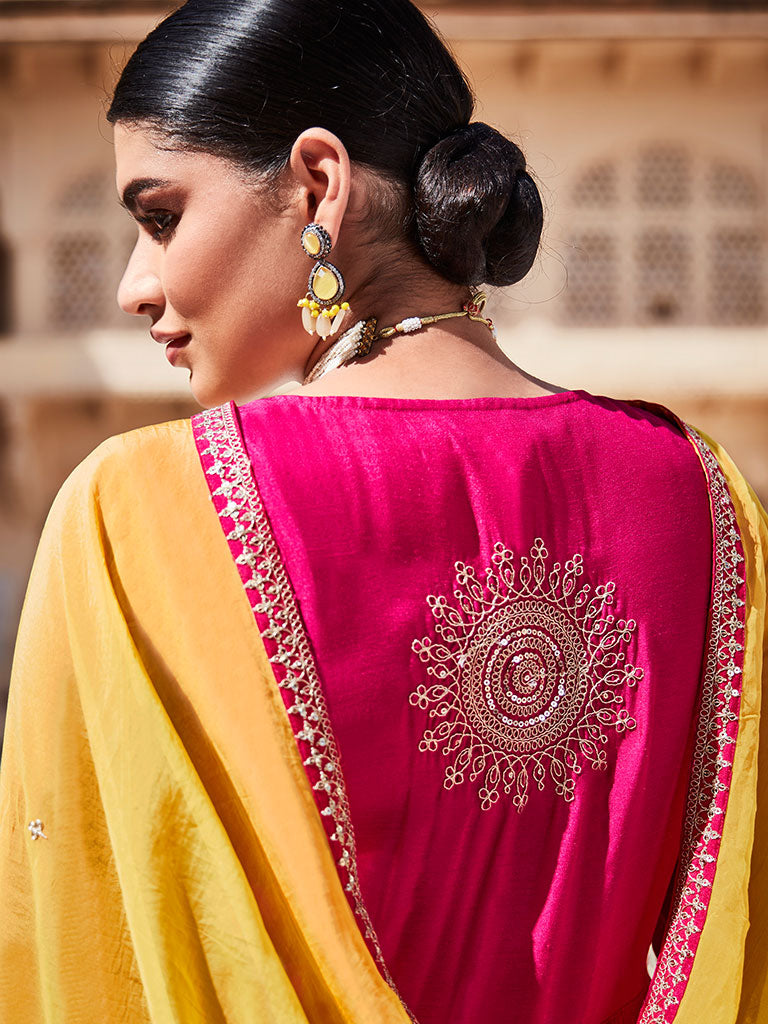 Pink Zari Work Floor Length Anarkali Kurta With Yellow Organza Embellished Dupatta