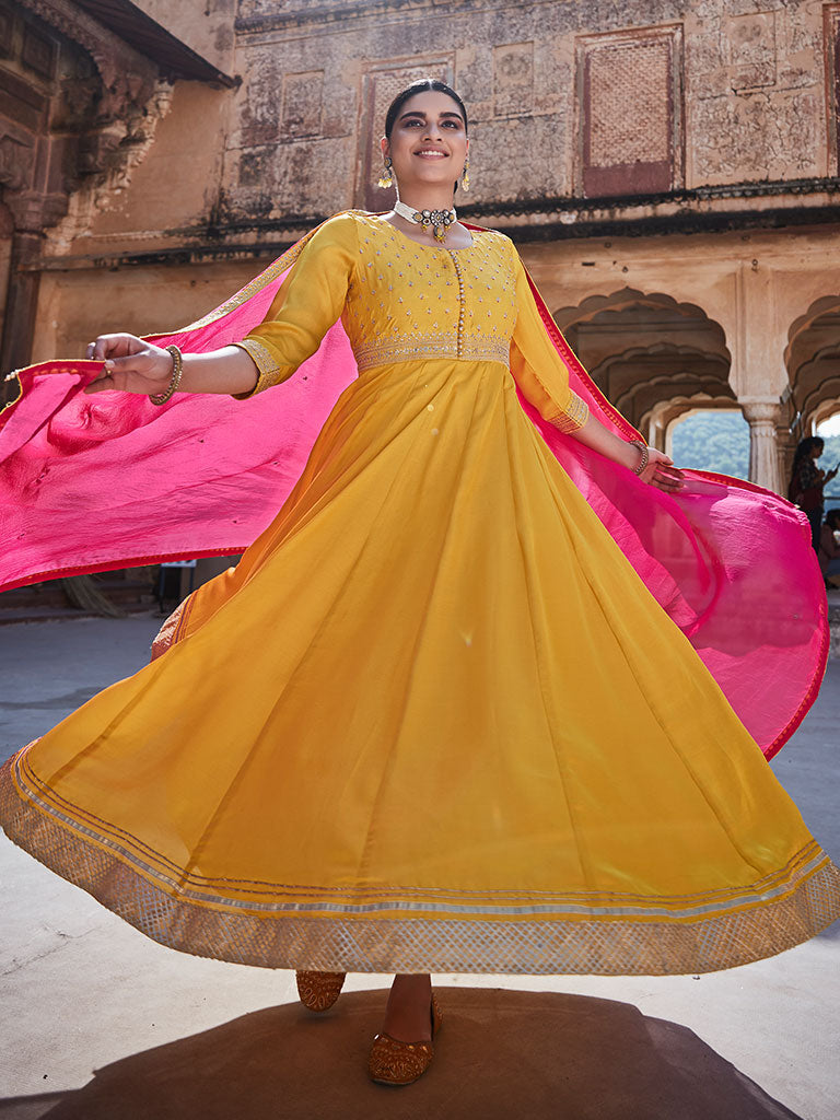 Yellow Zari Work Floor Length Anarkali Kurta With Pink Organza Embellished Dupatta