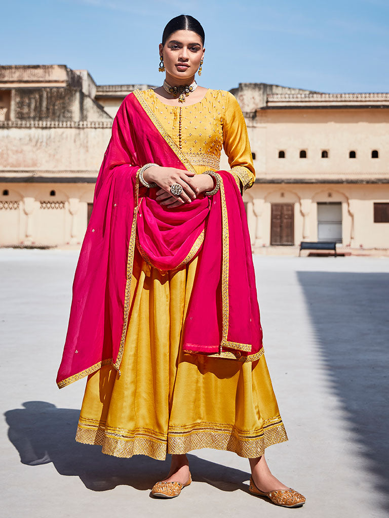 Yellow Zari Work Floor Length Anarkali Kurta With Pink Organza Embellished Dupatta