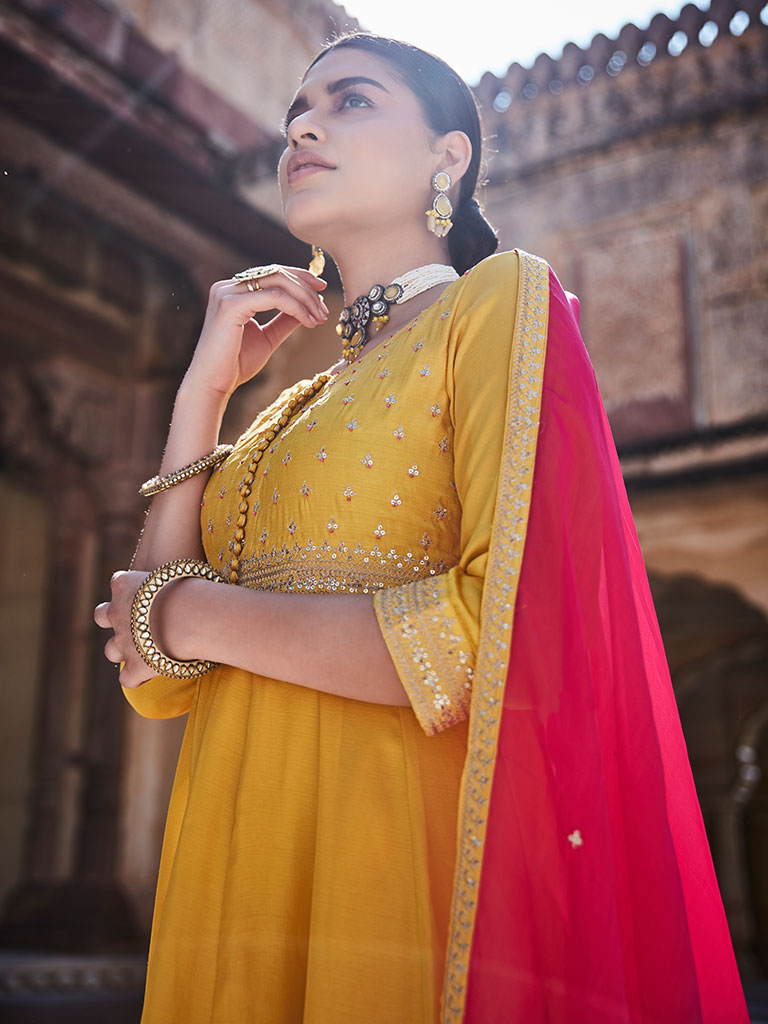 Yellow Zari Work Floor Length Anarkali Kurta With Pink Organza Embellished Dupatta