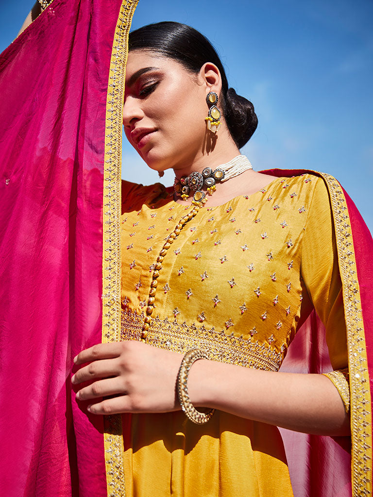 Yellow Zari Work Floor Length Anarkali Kurta With Pink Organza Embellished Dupatta