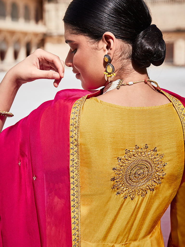 Yellow Zari Work Floor Length Anarkali Kurta With Pink Organza Embellished Dupatta