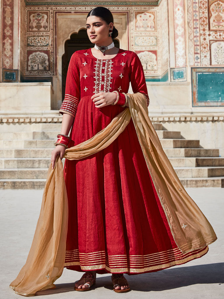 Maroon Silk Dobby Embroidered Anarkali Long Kurta With Organza Embroidred Dupatta