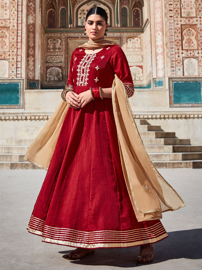 Maroon Silk Dobby Embroidered Anarkali Long Kurta With Organza Embroidred Dupatta