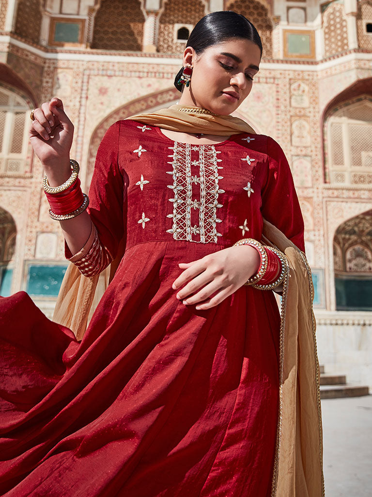Maroon Silk Dobby Embroidered Anarkali Long Kurta With Organza Embroidred Dupatta