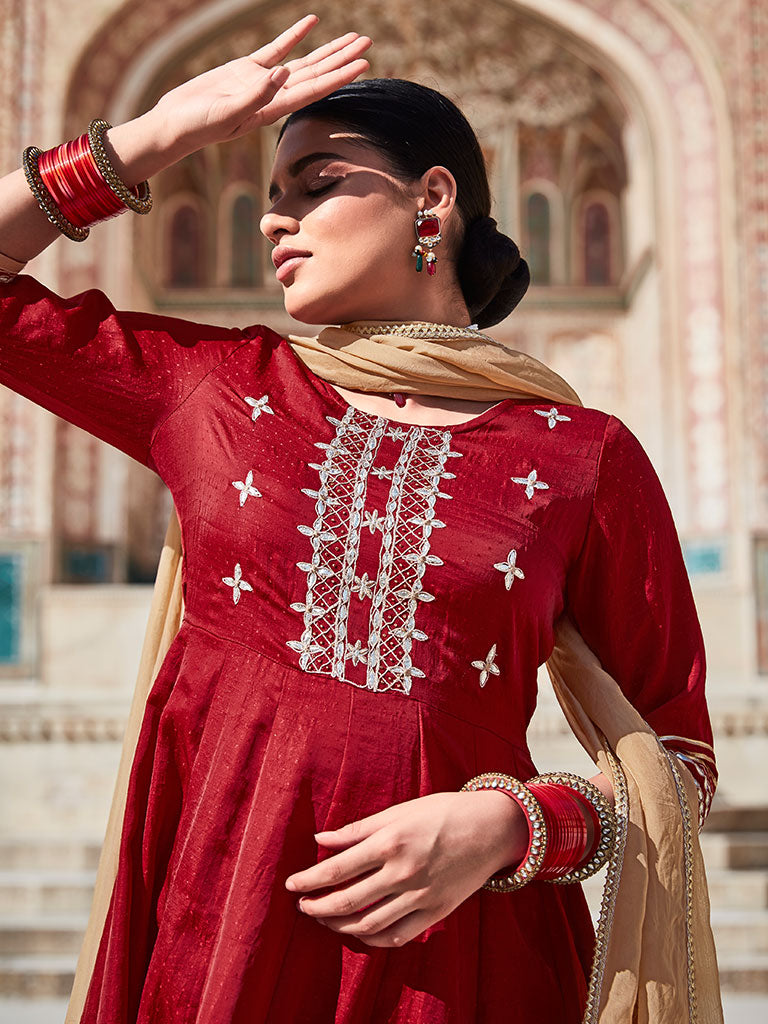 Maroon Silk Dobby Embroidered Anarkali Long Kurta With Organza Embroidred Dupatta