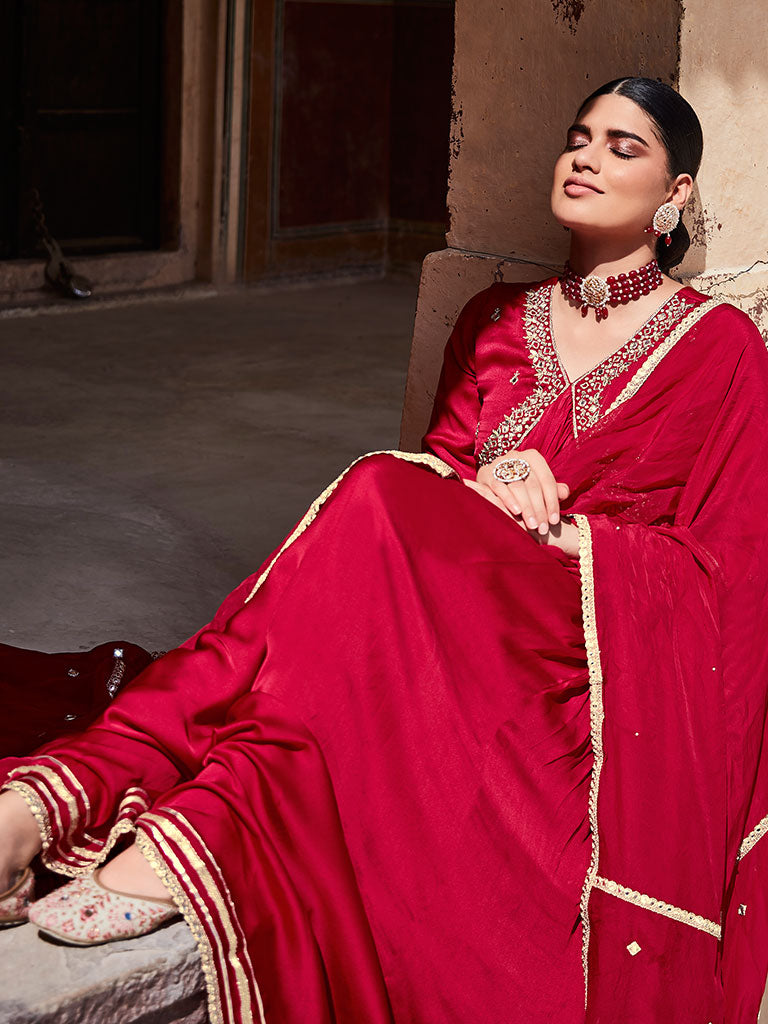 Red Zardosi Embroidered Silk Long Kurta Paired With Embrodiered Organza Dupatta