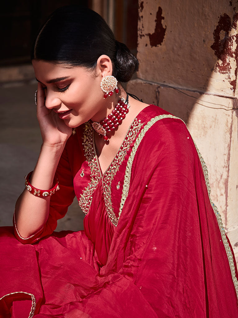 Red Zardosi Embroidered Silk Long Kurta Paired With Embrodiered Organza Dupatta