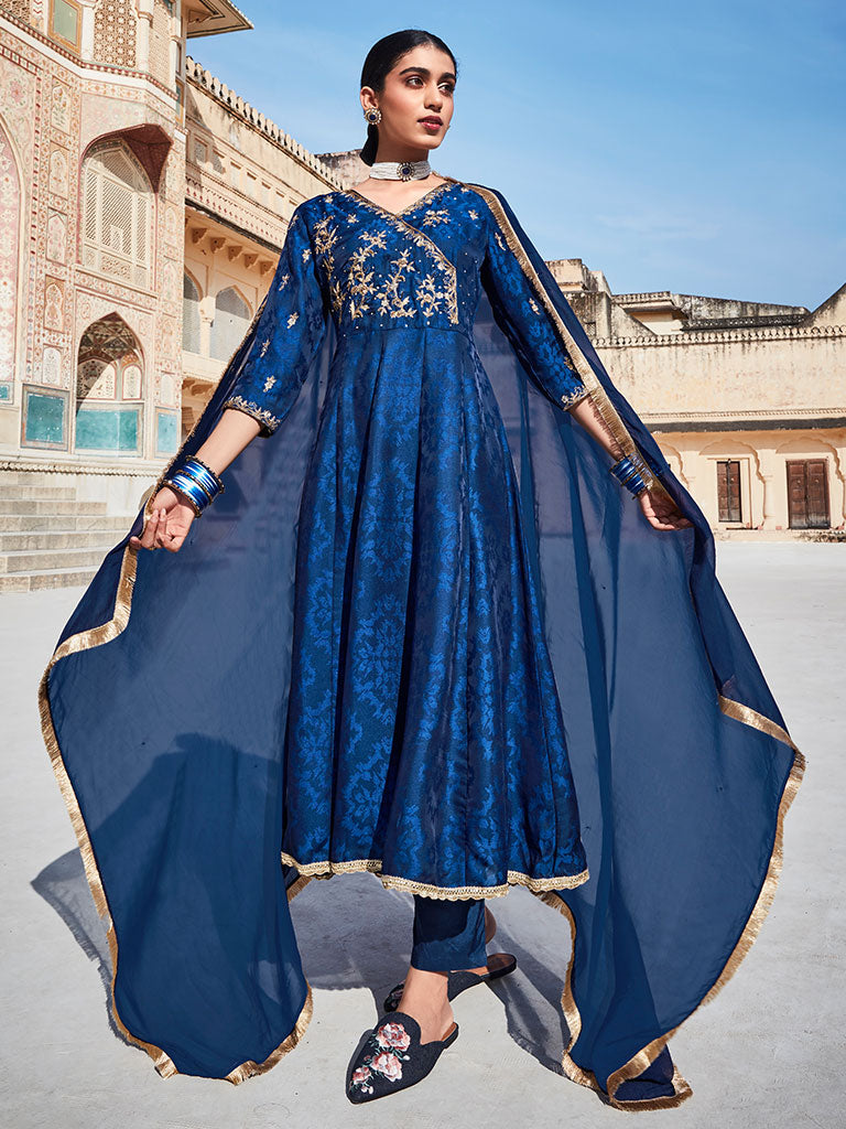 Blue Silk Dobby Embroidered Anarkali Long Kurta With Silk Blend Trousers And Organza Embroidred Dupatta