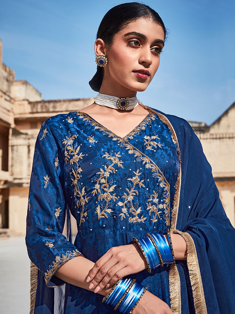 Blue Silk Dobby Embroidered Anarkali Long Kurta With Silk Blend Trousers And Organza Embroidred Dupatta
