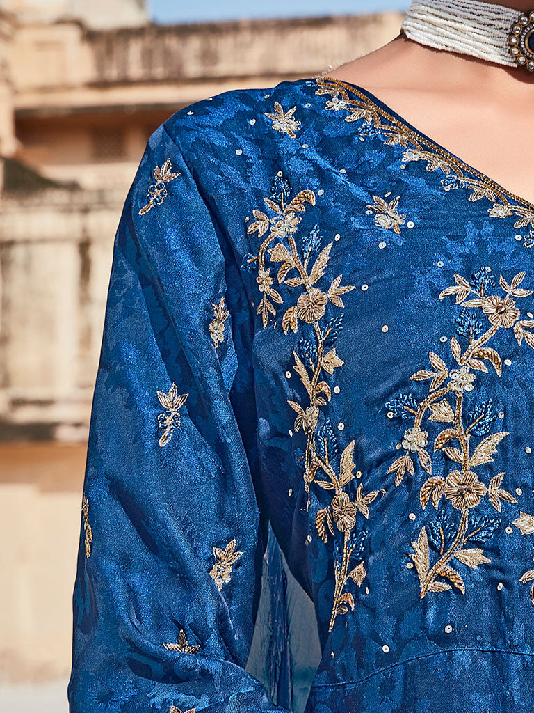 Blue Silk Dobby Embroidered Anarkali Long Kurta With Silk Blend Trousers And Organza Embroidred Dupatta