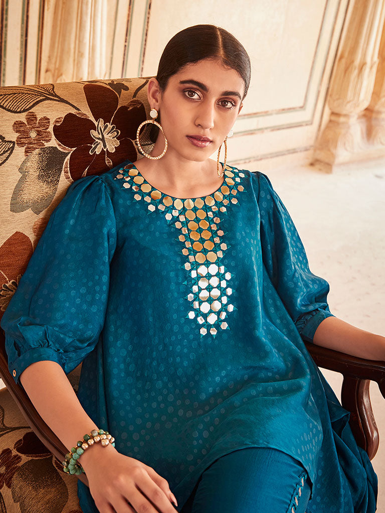 Teal Handkerchief Mirror Embellished Silk Top With Mirror Embellished Trousers