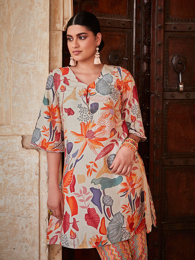 Embellished Beige Kurta With Muslin Printed Trousers