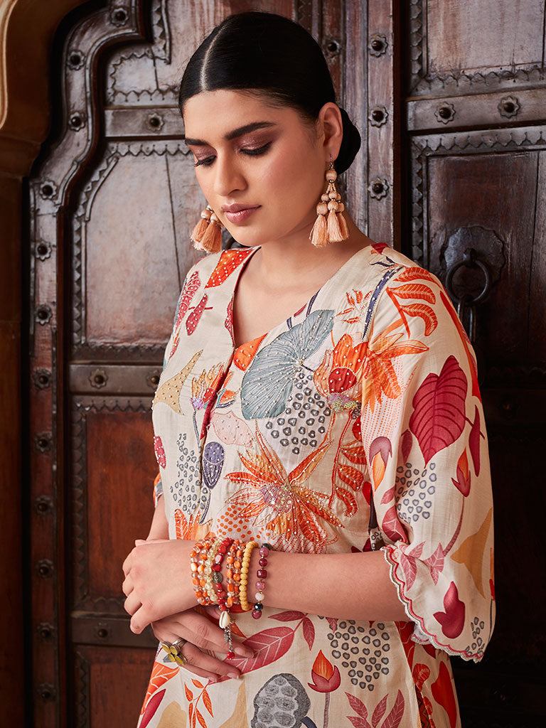 Embellished Beige Kurta With Muslin Printed Trousers